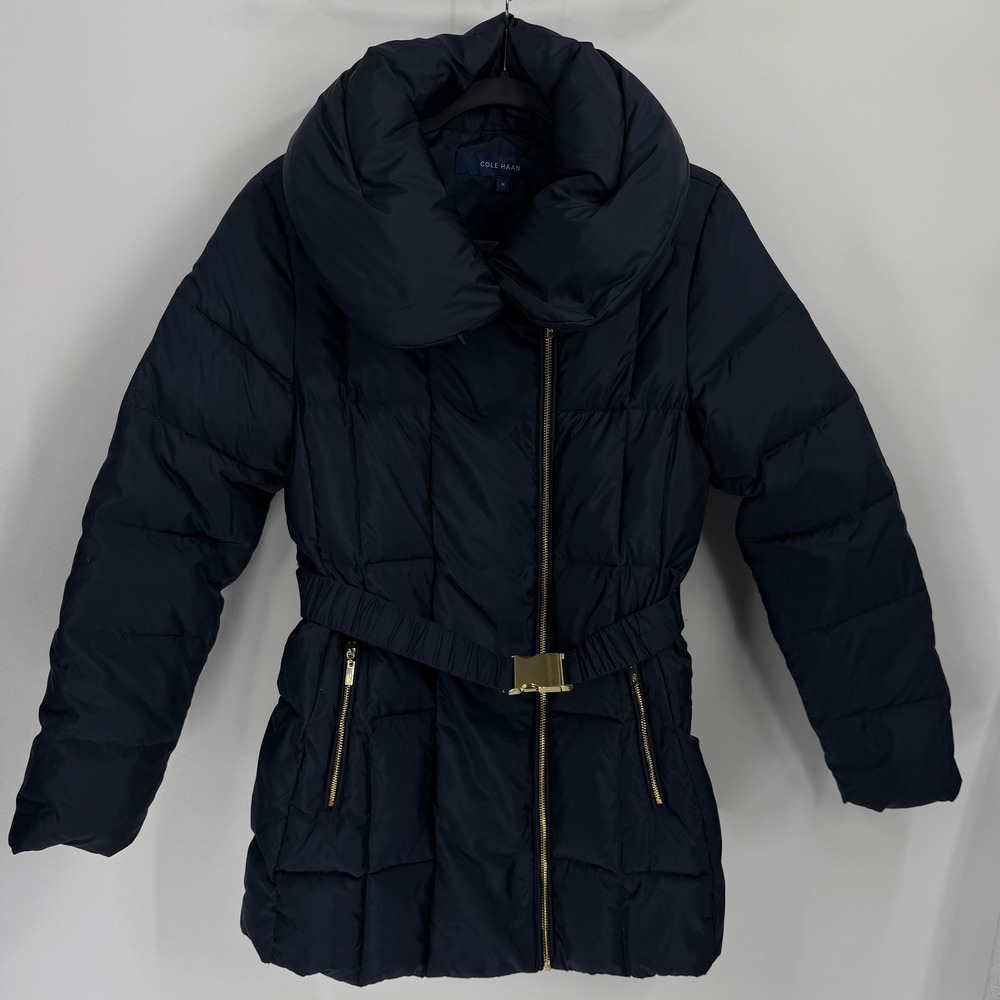 Cole Haan Women's Signature Asymmetrical Pillow Collar Down Puffer Coat Navy M
